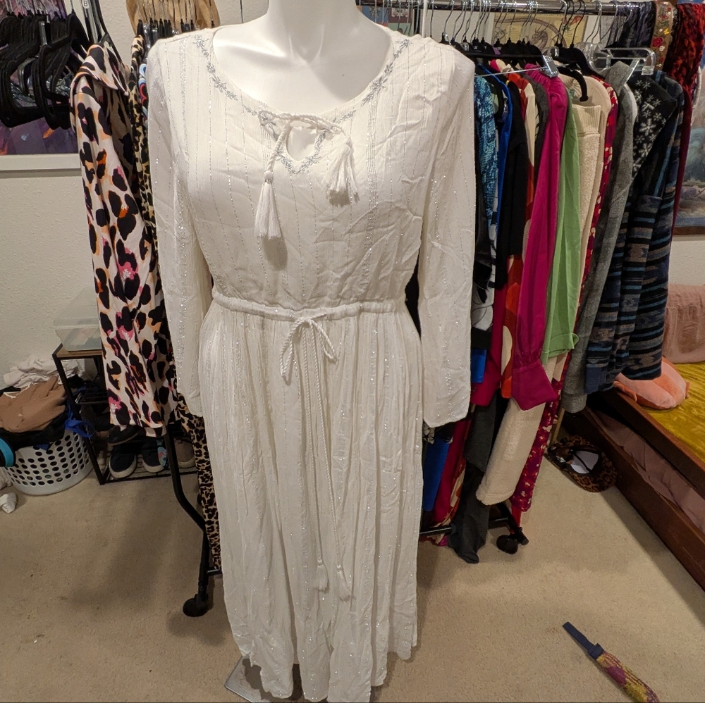 Soft Surroundings White Long Sleeve Dress with Tassel - L NWOT